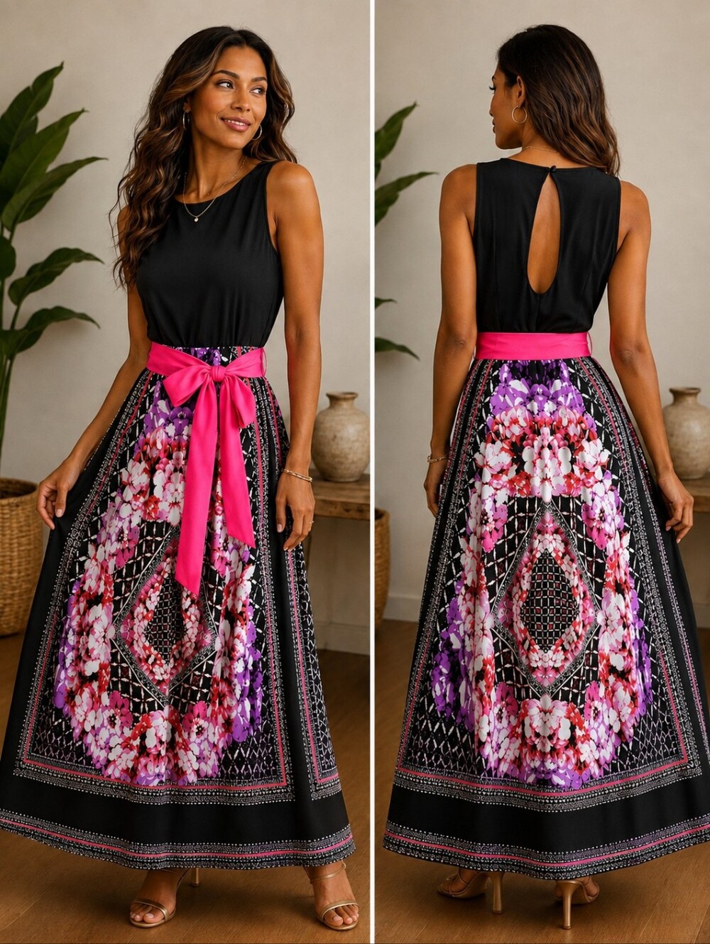 Beautiful Dress! Eliza J Black Bodice Floral Border Maxi with Hot Pink Sash